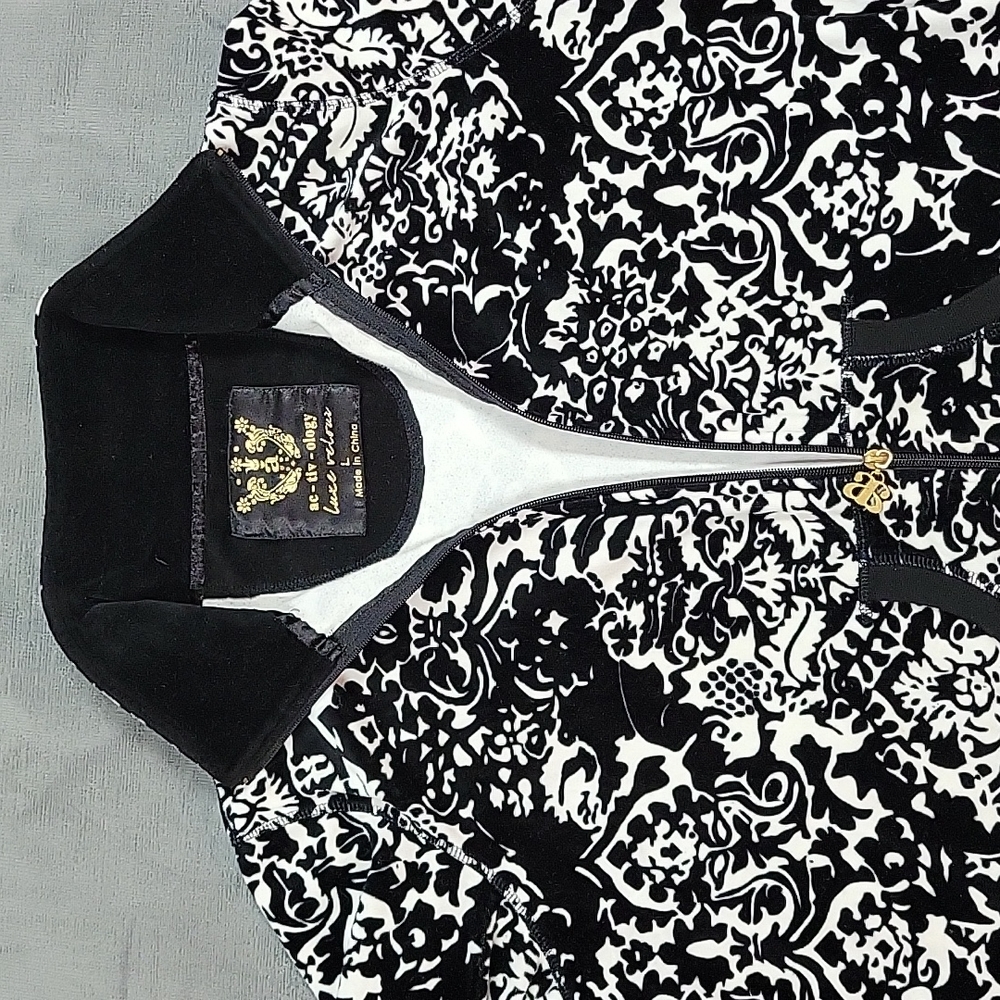 Activology Luxe Velour Black White Zip Up Jacket Size: L Vintage
